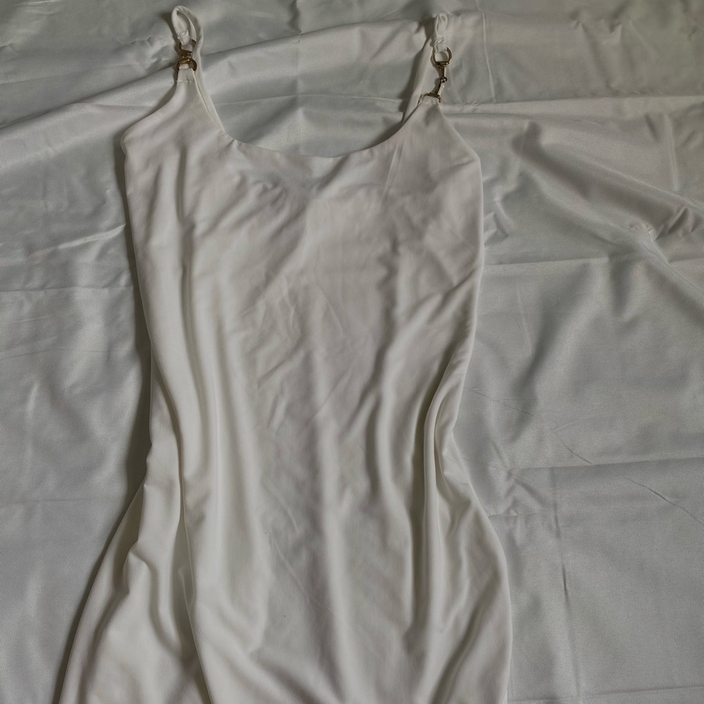 White bodycon mini dress/ chain straps